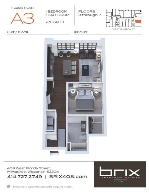 Floor plan for 1 bed, 1 bath, 728 sqft